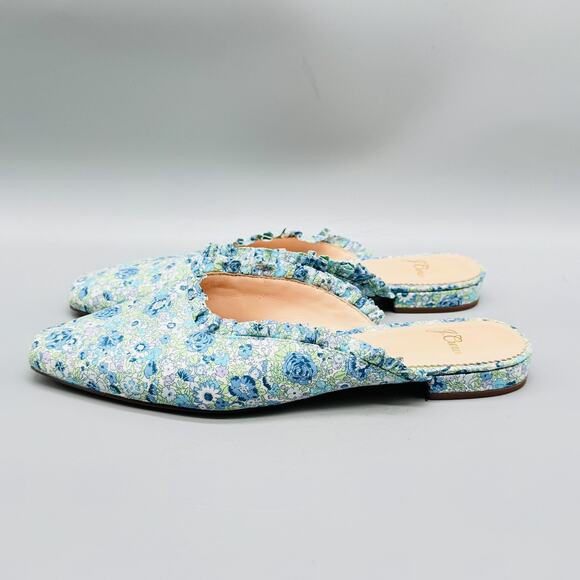 J Crew Shoes Women 8 Blue Green Floral Ruffle Trim Mule Flat Pointed Toe Slip On - Picture 5 of 12